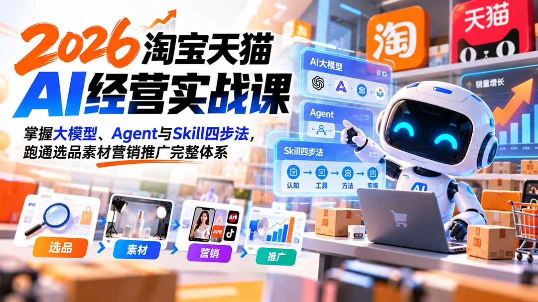 （20676期）【无水印】2026淘宝天猫AI经营实战课：掌握大模型、Agent与Skill四步法，跑通选品素材营销推广完整体系-知行阁轻创网-分享网络赚钱项目-全网首发副业项目实操平台-副业创业项目网