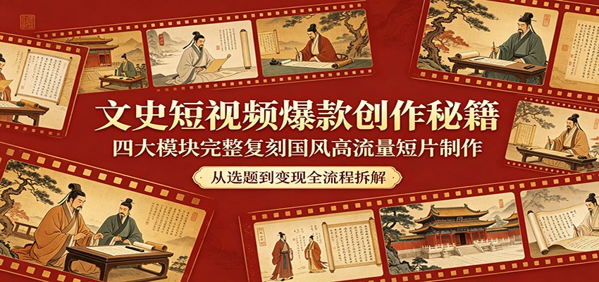 文史短视频爆款创作秘籍：四大模块完整复刻国风高流量短片制作-知行阁轻创网-分享网络赚钱项目-全网首发副业项目实操平台-副业创业项目网