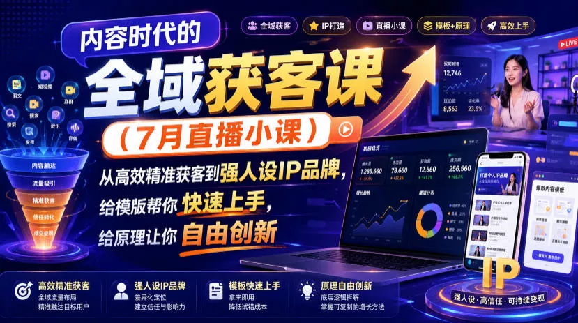 内容时代的全域获客课(7月直播小课)，从高效精准获客到强人设IP品牌，给模版帮你快速上手，给原理让你自由创新-知行阁轻创网-分享网络赚钱项目-全网首发副业项目实操平台-副业创业项目网