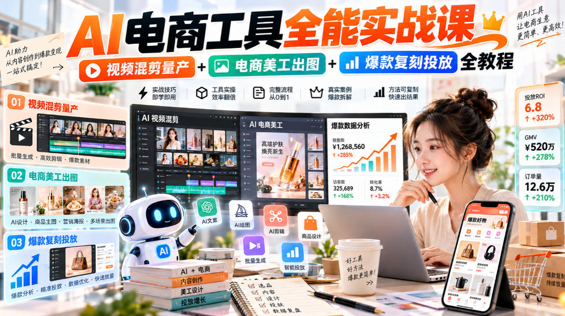AI电商工具全能实战教学，视频混剪量产+电商美工出图+爆款复刻投放全教程-知行阁轻创网-分享网络赚钱项目-全网首发副业项目实操平台-副业创业项目网