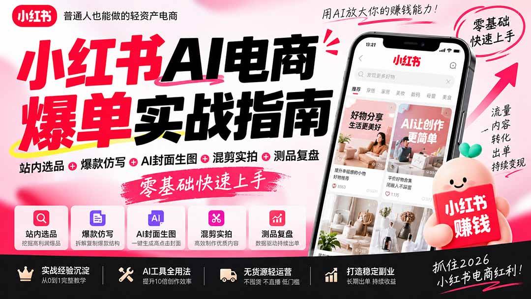 （20516期）2026小红书AI电商爆单实战指南：站内选品+爆款仿写+AI封面生图+混剪实拍+测品复盘，零基础快速上手-知行阁轻创网-分享网络赚钱项目-全网首发副业项目实操平台-副业创业项目网