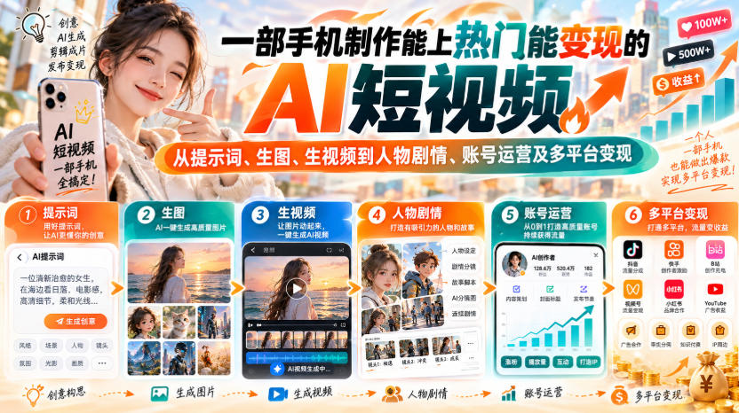 【无水印】一部手机制作能上热门能变现的AI短视频,从提示词、生图、生视频到人物剧情、账号运营及多平台变现-知行阁轻创网-分享网络赚钱项目-全网首发副业项目实操平台-副业创业项目网