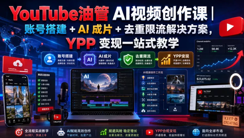 YouTube油管AI视频创作课｜账号搭建+AI成片+去重限流解决方案，YPP变现一站式教学(更新0817)-知行阁轻创网-分享网络赚钱项目-全网首发副业项目实操平台-副业创业项目网