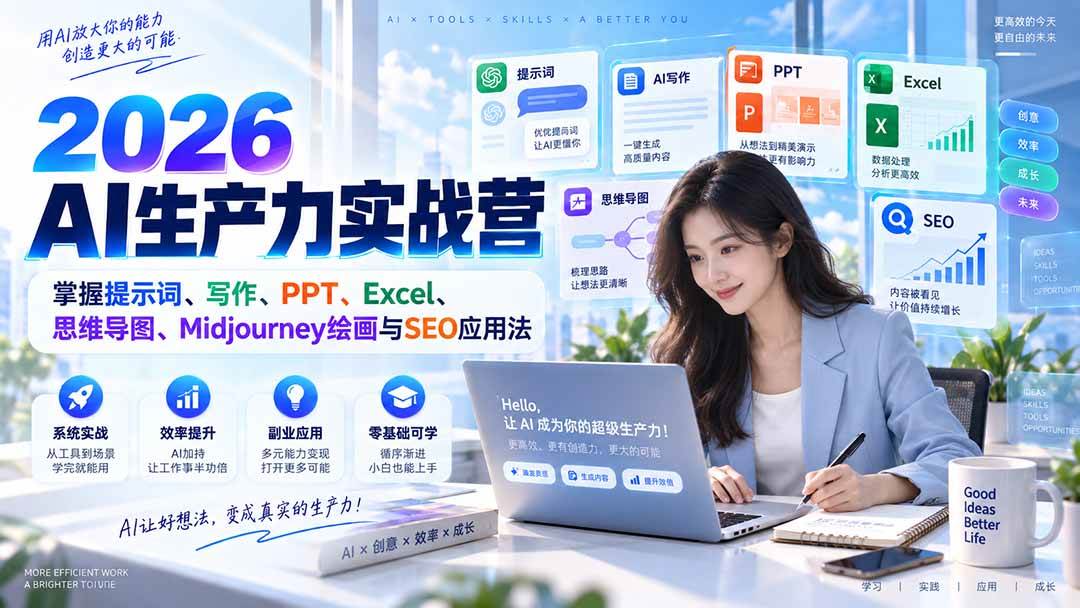 （20307期）2026AI生产力实战营：掌握提示词、写作、PPT、Excel、思维导图、Midjourney绘画与SEO应用法-知行阁轻创网-分享网络赚钱项目-全网首发副业项目实操平台-副业创业项目网