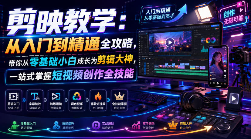 剪映教学：从入门到精通全攻略，带你从零基础小白成长为剪辑大神，一站式掌握短视频创作全技能-知行阁轻创网-分享网络赚钱项目-全网首发副业项目实操平台-副业创业项目网