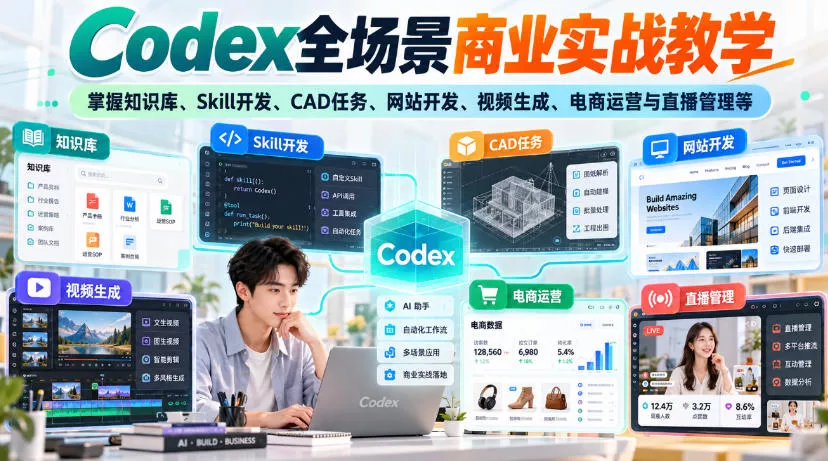 Codex全场景商业实战教学，掌握知识库、Skill开发、CAD任务、网站开发、视频生成、电商运营与直播管理等(更新1010)-知行阁轻创网-分享网络赚钱项目-全网首发副业项目实操平台-副业创业项目网