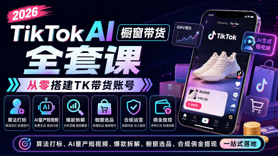 2026TikTok AI橱窗带货全套课，从零搭建TK带货账号，算法打标、AI量产短视频、爆款拆解、橱窗选品、合规佣金提现一站式落地-知行阁轻创网-分享网络赚钱项目-全网首发副业项目实操平台-副业创业项目网
