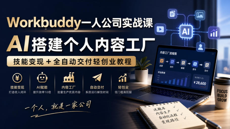 Workbuddy一人公司实战课，AI搭建个人内容工厂，技能变现+全自动交付轻创业教程-知行阁轻创网-分享网络赚钱项目-全网首发副业项目实操平台-副业创业项目网