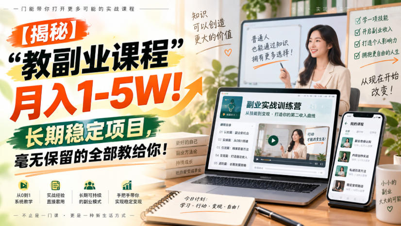 【揭秘】“教副业课程”月入1-5W！长期稳定项目，毫无保留的全部教给你！-知行阁轻创网-分享网络赚钱项目-全网首发副业项目实操平台-副业创业项目网
