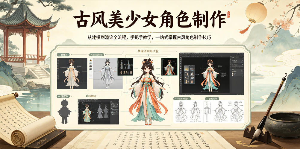 古风美少女角色制作，从建模到渲染全流程，手把手教学，一站式掌握古风角色制作技巧-知行阁轻创网-分享网络赚钱项目-全网首发副业项目实操平台-副业创业项目网