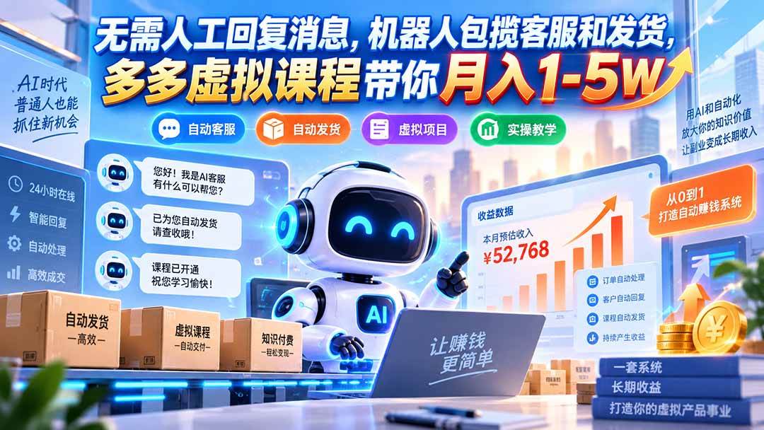 (20615期)无需人工回复消息,机器人包揽客服和发货,多多虚拟课程带你月入1-5W-知行阁轻创网-分享网络赚钱项目-全网首发副业项目实操平台-副业创业项目网