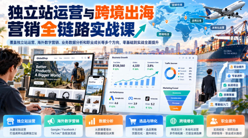 独立站运营与跨境出海营销全链路实战课，覆盖独立站运营、海外数字营销、业务数据分析和职业成长等多个方向，零基础到实战全面提升-知行阁轻创网-分享网络赚钱项目-全网首发副业项目实操平台-副业创业项目网