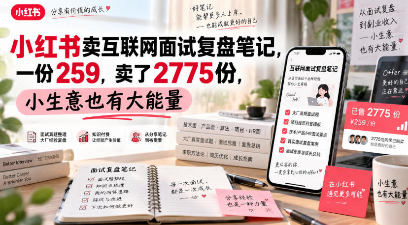 小红书卖互联网面试复盘笔记，一份259，卖了2775份，小生意也有大能量-知行阁轻创网-分享网络赚钱项目-全网首发副业项目实操平台-副业创业项目网