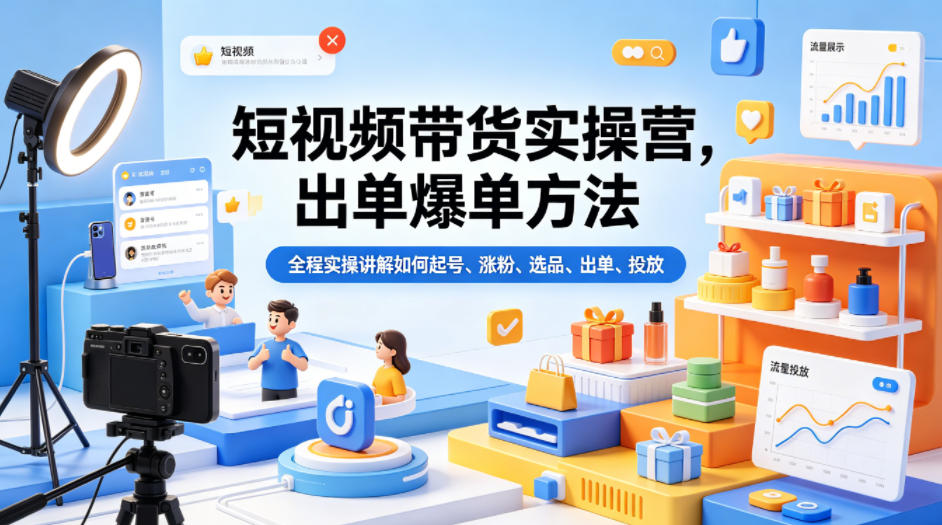 短视频带货实操营，出单爆单方法，全程实操讲解如何起号、涨粉、选品、出单、投放（更新0515）-知行阁轻创网-分享网络赚钱项目-全网首发副业项目实操平台-副业创业项目网