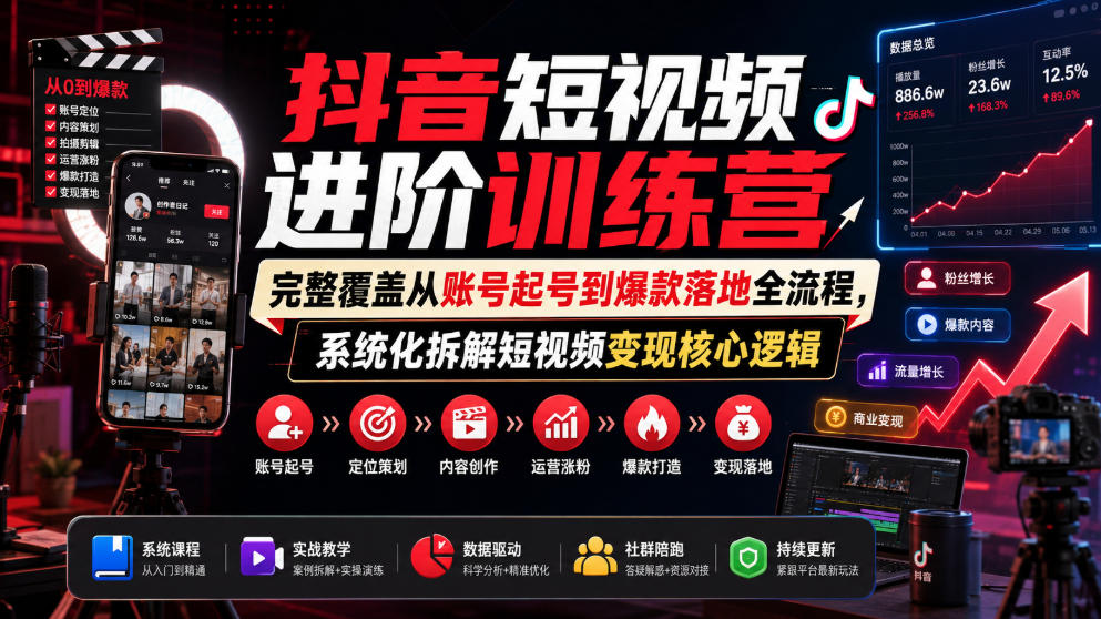 抖音短视频进阶训练营，完整覆盖从账号起号到爆款落地全流程，系统化拆解短视频变现核心逻辑-知行阁轻创网-分享网络赚钱项目-全网首发副业项目实操平台-副业创业项目网