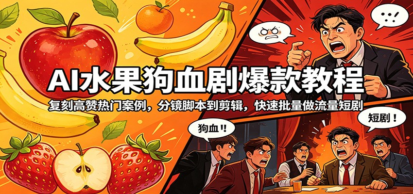 AI水果狗血剧爆款教程：复刻高赞热门案例，分镜脚本到剪辑，快速批量做流量短剧-知行阁轻创网-分享网络赚钱项目-全网首发副业项目实操平台-副业创业项目网