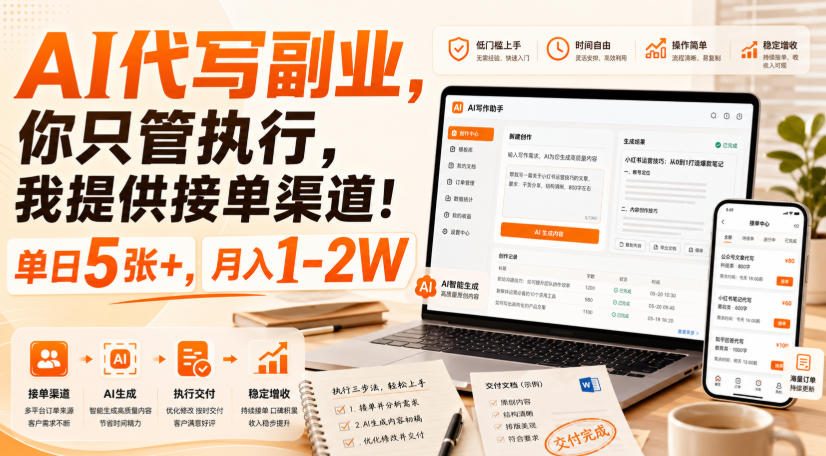 AI代写副业，你只管执行，我提供接单渠道！单日5张+，月入1-2W【揭秘】-知行阁轻创网-分享网络赚钱项目-全网首发副业项目实操平台-副业创业项目网