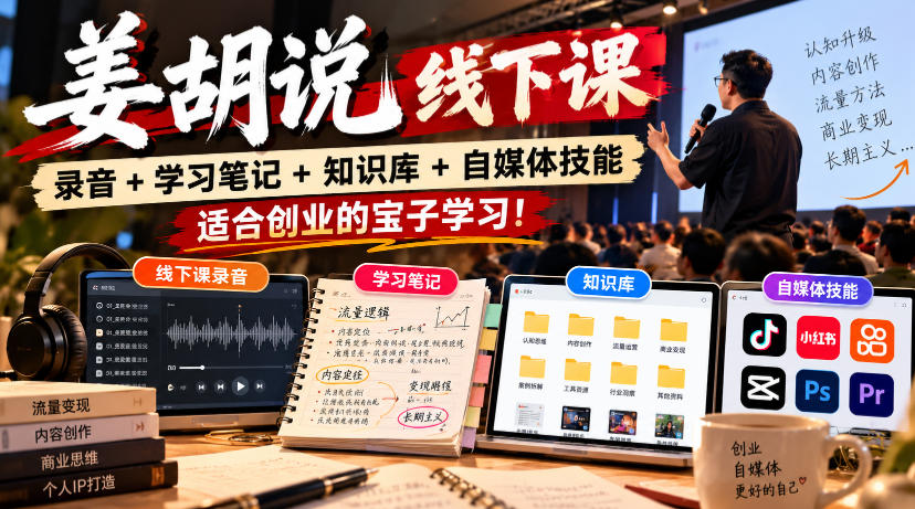 姜胡说线下课录音＋学习笔记＋知识库＋自媒体技能，适合创业的宝子学习！-知行阁轻创网-分享网络赚钱项目-全网首发副业项目实操平台-副业创业项目网