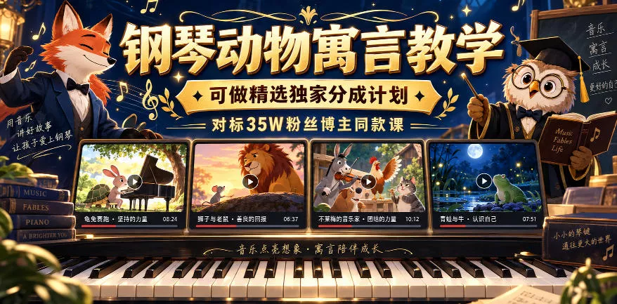 钢琴动物寓言教学，可做精选独家分成计划，对标35W粉丝博主同款课-知行阁轻创网-分享网络赚钱项目-全网首发副业项目实操平台-副业创业项目网