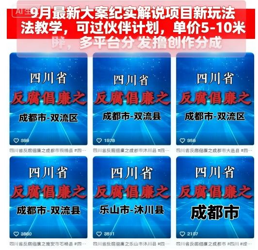 9月最新大案纪实解说项目新玩法教学，可过伙伴计划，单价5-10米，多平台分发撸创作分成-知行阁轻创网-分享网络赚钱项目-全网首发副业项目实操平台-副业创业项目网