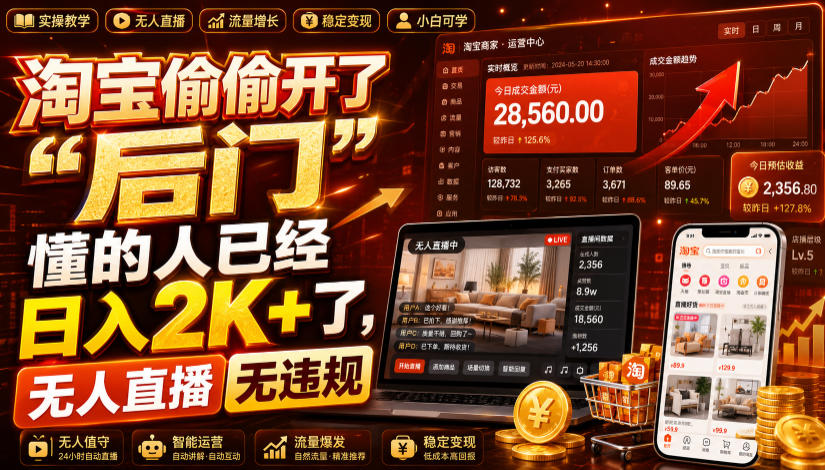 淘宝偷偷开了“后门”,懂的人已经日入2K+了,无人直播无违规,一台电脑=一家24小时营业的线上门店【揭秘】-知行阁轻创网-分享网络赚钱项目-全网首发副业项目实操平台-副业创业项目网