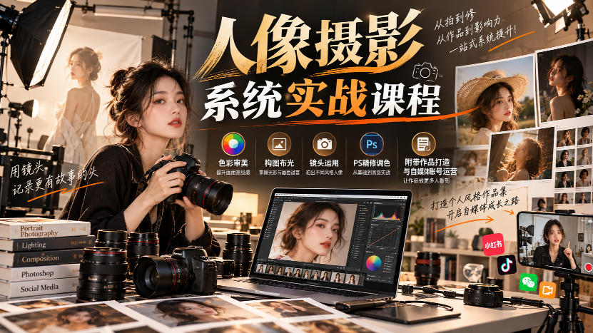 【无水印】人像摄影系统实战课程，色彩审美、构图布光、镜头运用、PS精修调色，附带作品打造与自媒体账号运营-知行阁轻创网-分享网络赚钱项目-全网首发副业项目实操平台-副业创业项目网