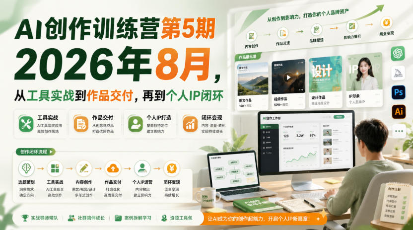 AI创作训练营第5期2026年8月,从工具实战到作品交付,再到个人IP闭环-知行阁轻创网-分享网络赚钱项目-全网首发副业项目实操平台-副业创业项目网