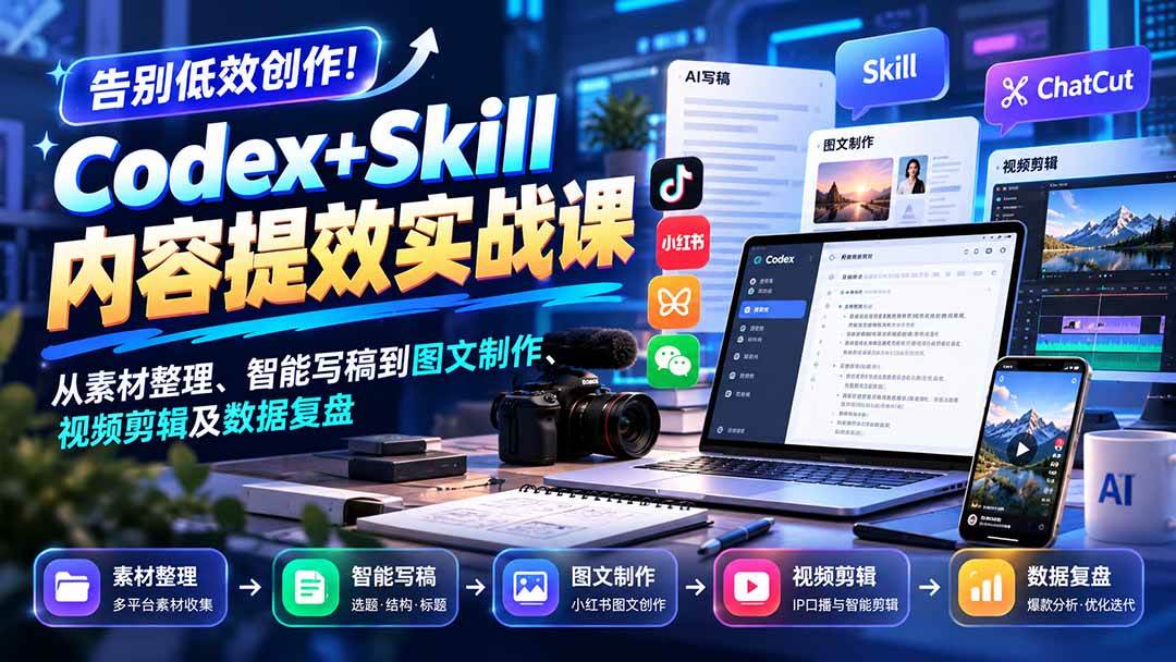 （20915期）【无水印】告别低效创作！Codex+Skill内容提效实战课：从素材整理、智能写稿到图文制作、视频剪辑及数据复盘-知行阁轻创网-分享网络赚钱项目-全网首发副业项目实操平台-副业创业项目网