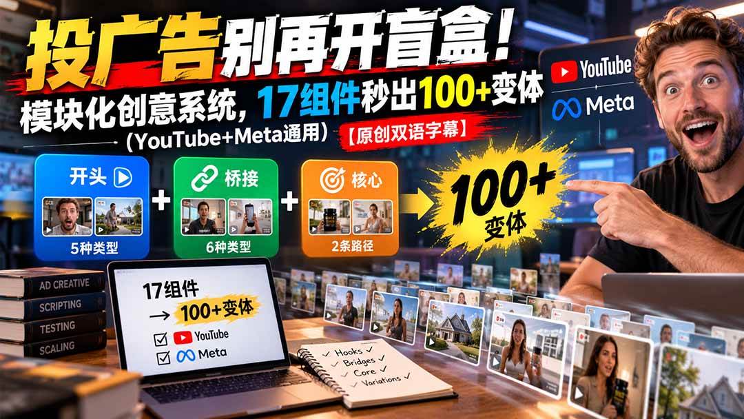 （20840期）投广告别再开盲盒！模块化创意系统，17组件秒出100+变体（YouTube+Meta通用）【原创双语字幕】-知行阁轻创网-分享网络赚钱项目-全网首发副业项目实操平台-副业创业项目网