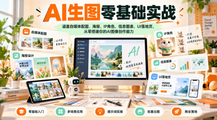AI生图零基础实战，涵盖自媒体配图、海报、IP角色、信息图表、UI落地页，从零搭建你的AI图像创作能力-知行阁轻创网-分享网络赚钱项目-全网首发副业项目实操平台-副业创业项目网