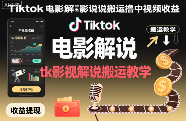 Tiktok电影解说搬运撸中视频收益，tk影视解说搬运教学-知行阁轻创网-分享网络赚钱项目-全网首发副业项目实操平台-副业创业项目网