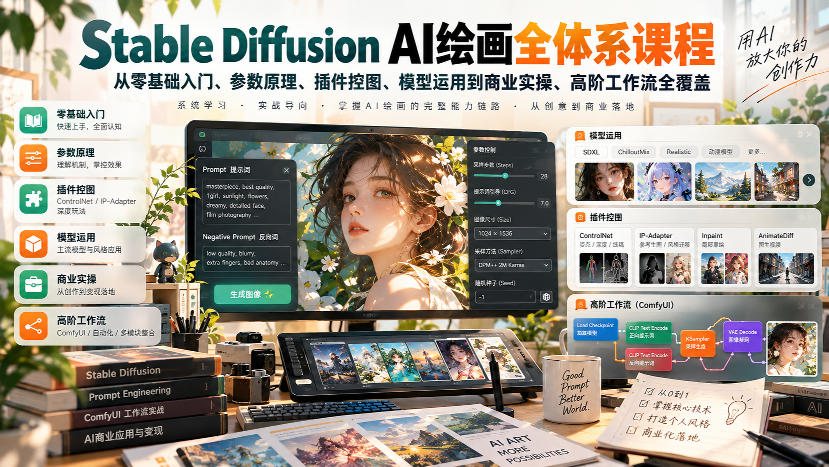 【无水印】Stable Diffusion AI绘画全体系课程，从零基础入门、参数原理、插件控图、模型运用到商业实操、高阶工作流全覆盖-知行阁轻创网-分享网络赚钱项目-全网首发副业项目实操平台-副业创业项目网