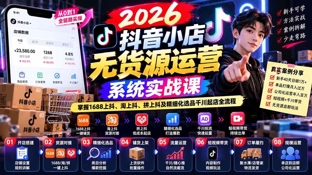 （20659期）2026抖音小店无货源运营系统实战课：掌握1688上抖、淘上抖、拼上抖及精细化选品千川起店全流程-知行阁轻创网-分享网络赚钱项目-全网首发副业项目实操平台-副业创业项目网