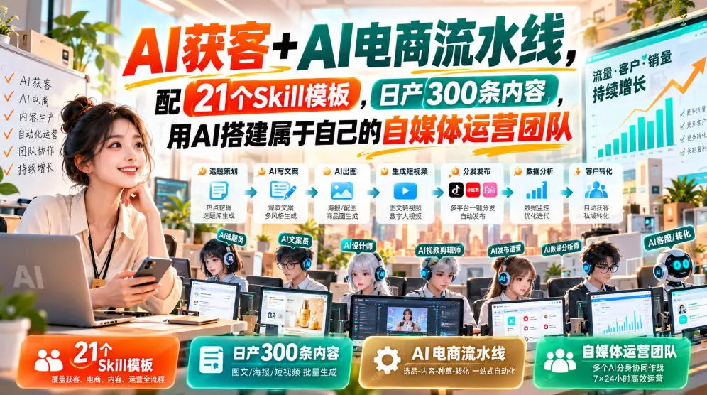 AI获客+AI电商流水线，配21个Skill模板，日产300条内容，用AI搭建属于自己的自媒体运营团队-知行阁轻创网-分享网络赚钱项目-全网首发副业项目实操平台-副业创业项目网