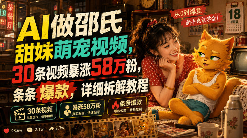 AI做邵氏甜妹萌宠视频，30条视频暴涨58万粉，条条爆款，详细拆解教程-知行阁轻创网-分享网络赚钱项目-全网首发副业项目实操平台-副业创业项目网
