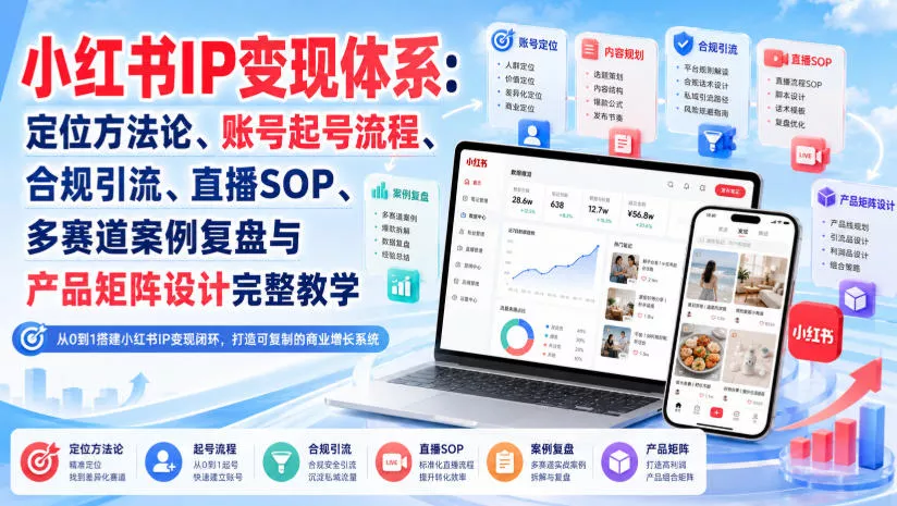 小红书IP变现体系：定位方法论、账号起号流程、合规引流、直播SOP、多赛道案例复盘与产品矩阵设计完整教学-知行阁轻创网-分享网络赚钱项目-全网首发副业项目实操平台-副业创业项目网