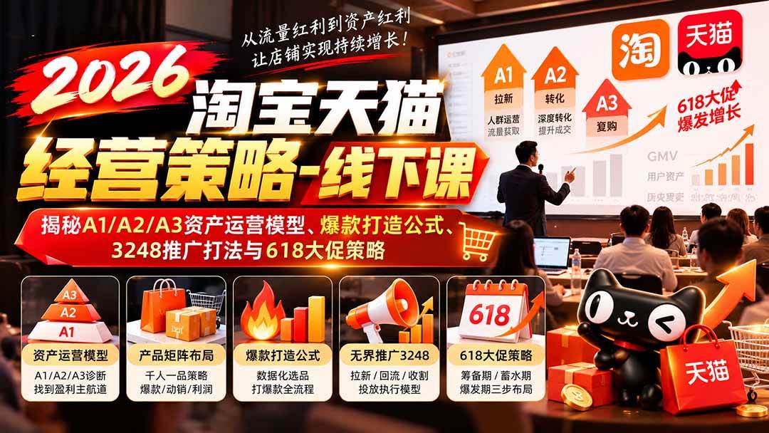 （20912期）2026淘宝天猫经营策略-线下课：揭秘A1/A2/A3资产运营模型、爆款打造公式、3248推广打法与618大促策略-知行阁轻创网-分享网络赚钱项目-全网首发副业项目实操平台-副业创业项目网