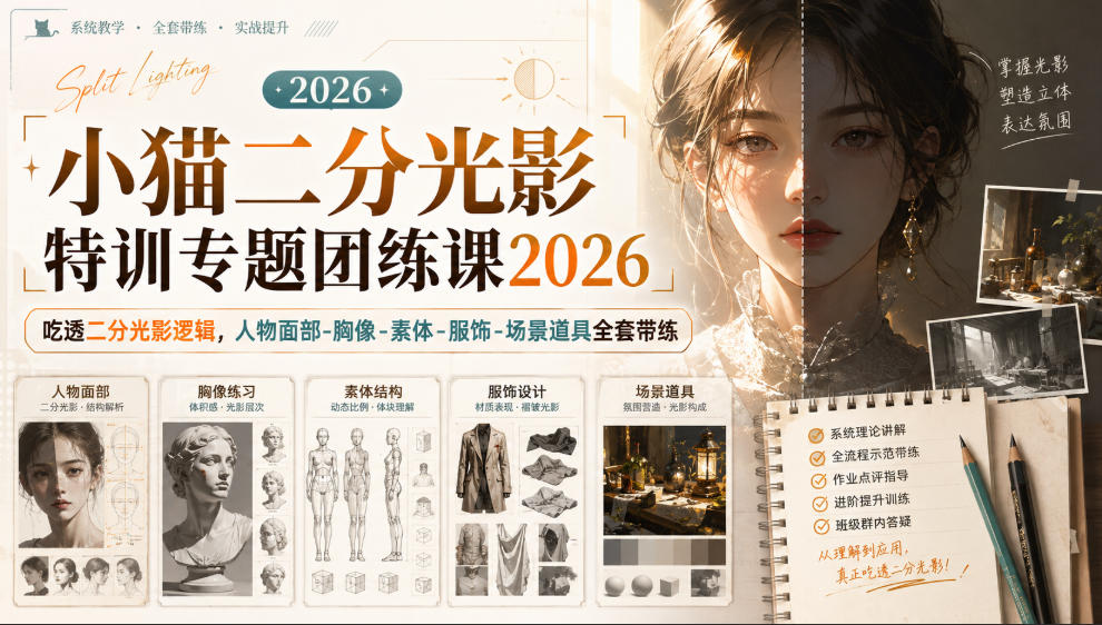 小猫二分光影特训专题团练课2026｜吃透二分光影逻辑，人物面部‑胸像‑素体‑服饰‑场景道具全套带练，高清画质附赠课件与笔刷-知行阁轻创网-分享网络赚钱项目-全网首发副业项目实操平台-副业创业项目网