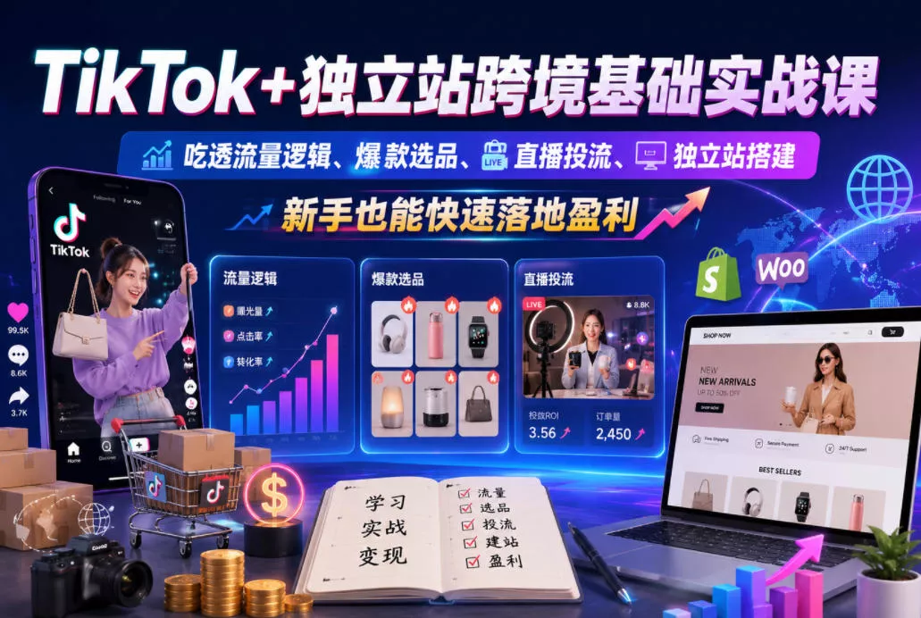 TikTok+独立站跨境基础实战课，吃透流量逻辑、爆款选品、直播投流与独立站搭建，新手也能快速落地盈利-知行阁轻创网-分享网络赚钱项目-全网首发副业项目实操平台-副业创业项目网