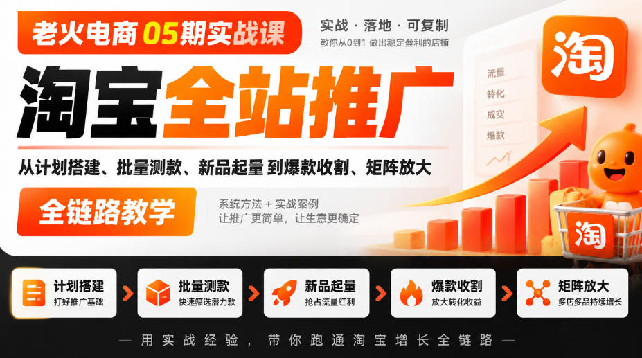 老火电商05期实战课｜淘宝全站推广从计划搭建、批量测款、新品起量到爆款收割、矩阵放大全链路教学-知行阁轻创网-分享网络赚钱项目-全网首发副业项目实操平台-副业创业项目网
